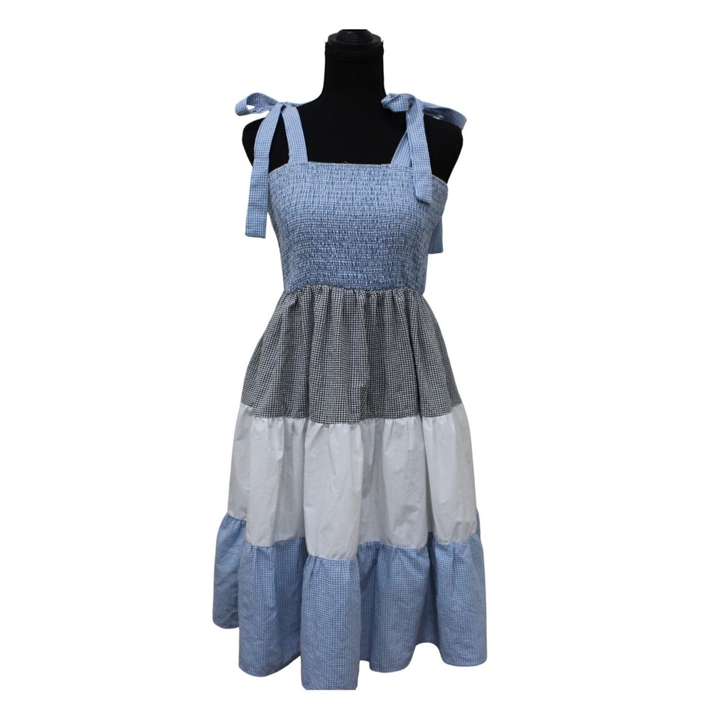 Blue Gingham Tiered Midi Dress Small Picnic Cottagecore Milkmaid Bow Strap Small
